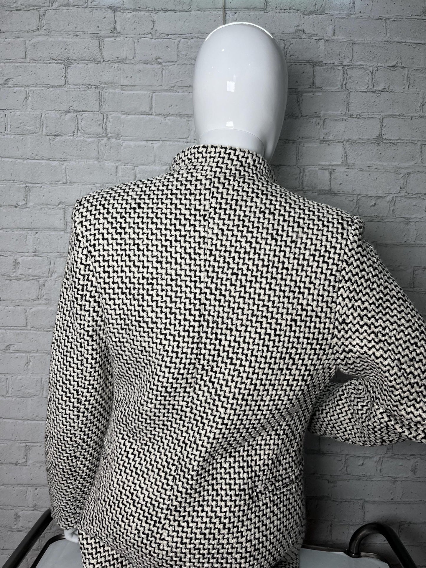 Double Breasted Tweed Coat in Retro Zig Zag Black and White Design