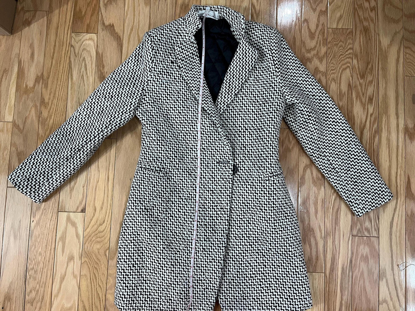 Double Breasted Tweed Coat in Retro Zig Zag Black and White Design