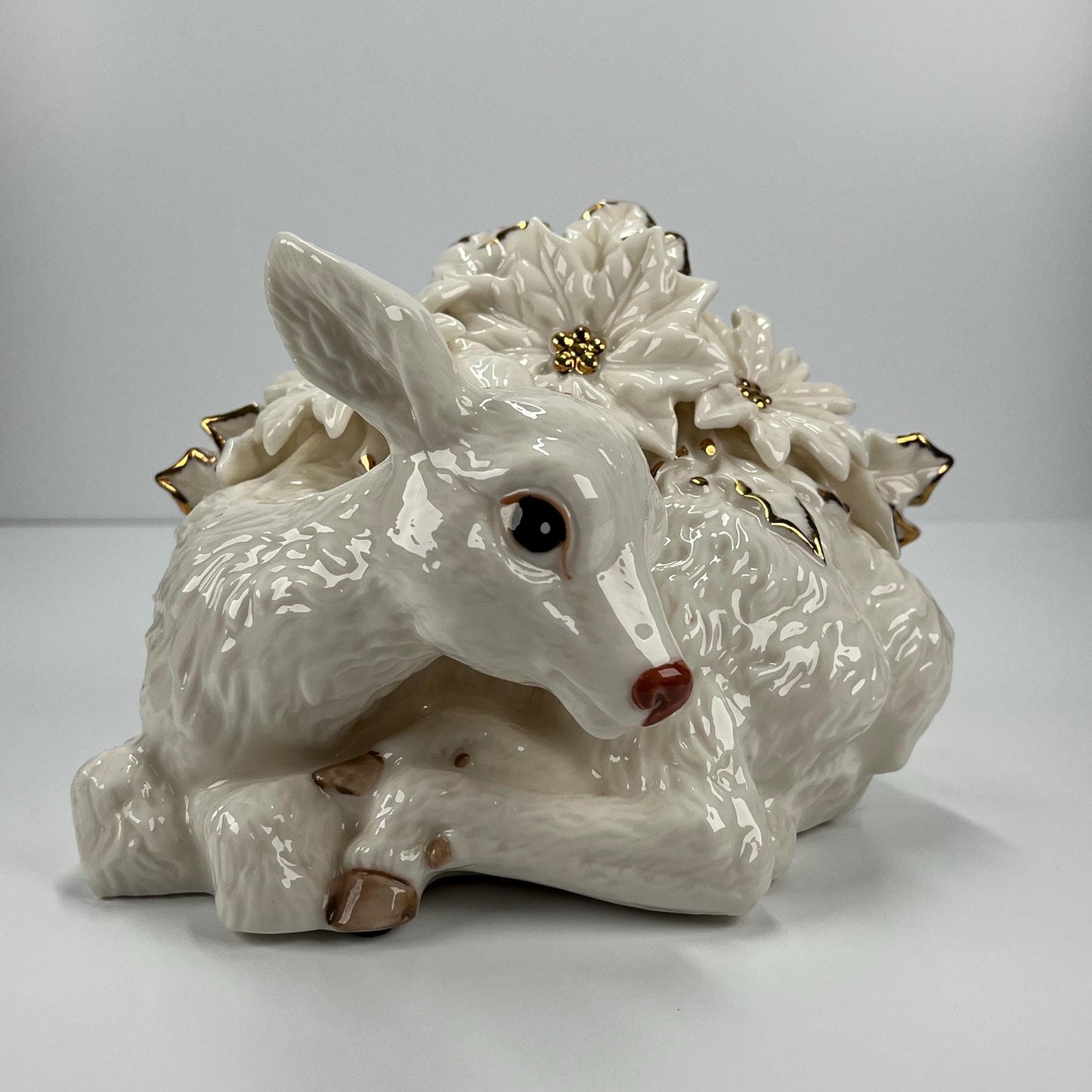 Vintage Figurine of Fawn with Christmas Poinsettias and Gold Accents