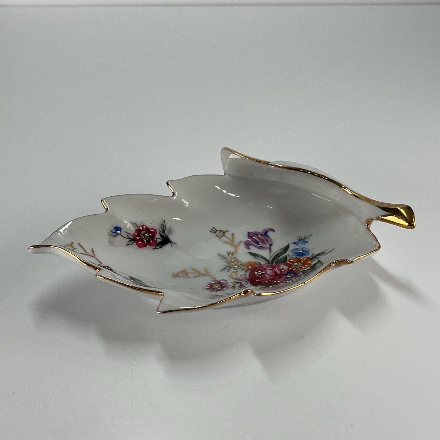 Vintage Trinket Dish Leaf Shaped Porcelain and Hand Painted Floral Design with Golden Accents
