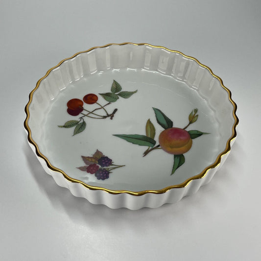 Vintage Porcelain Flan Dish With Golden Trim and Fruit Design by Royal Worcester Evesha