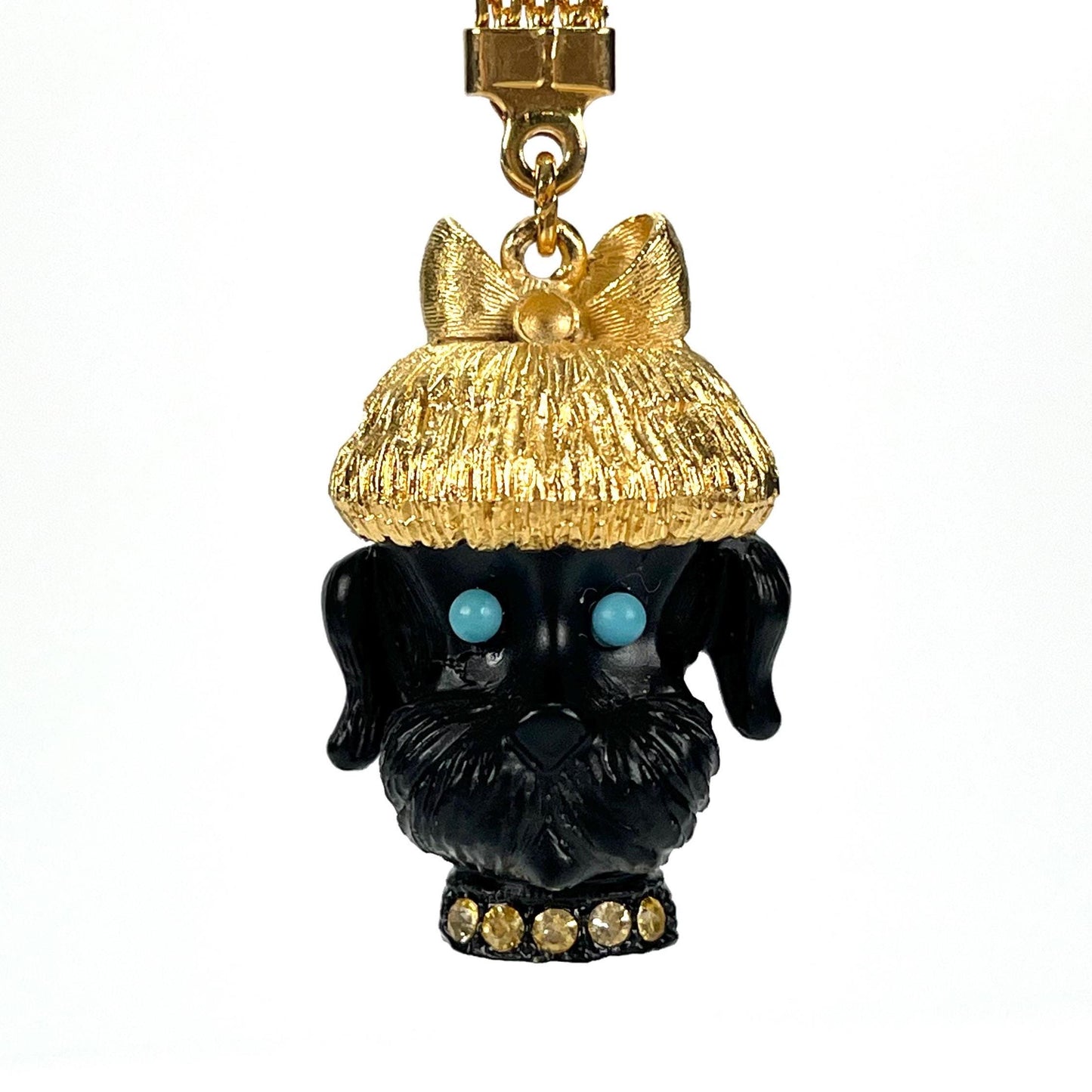 Vintage Keychain of Black Dog With Turquoise Eyes and Rhinestone Collar by Florenza