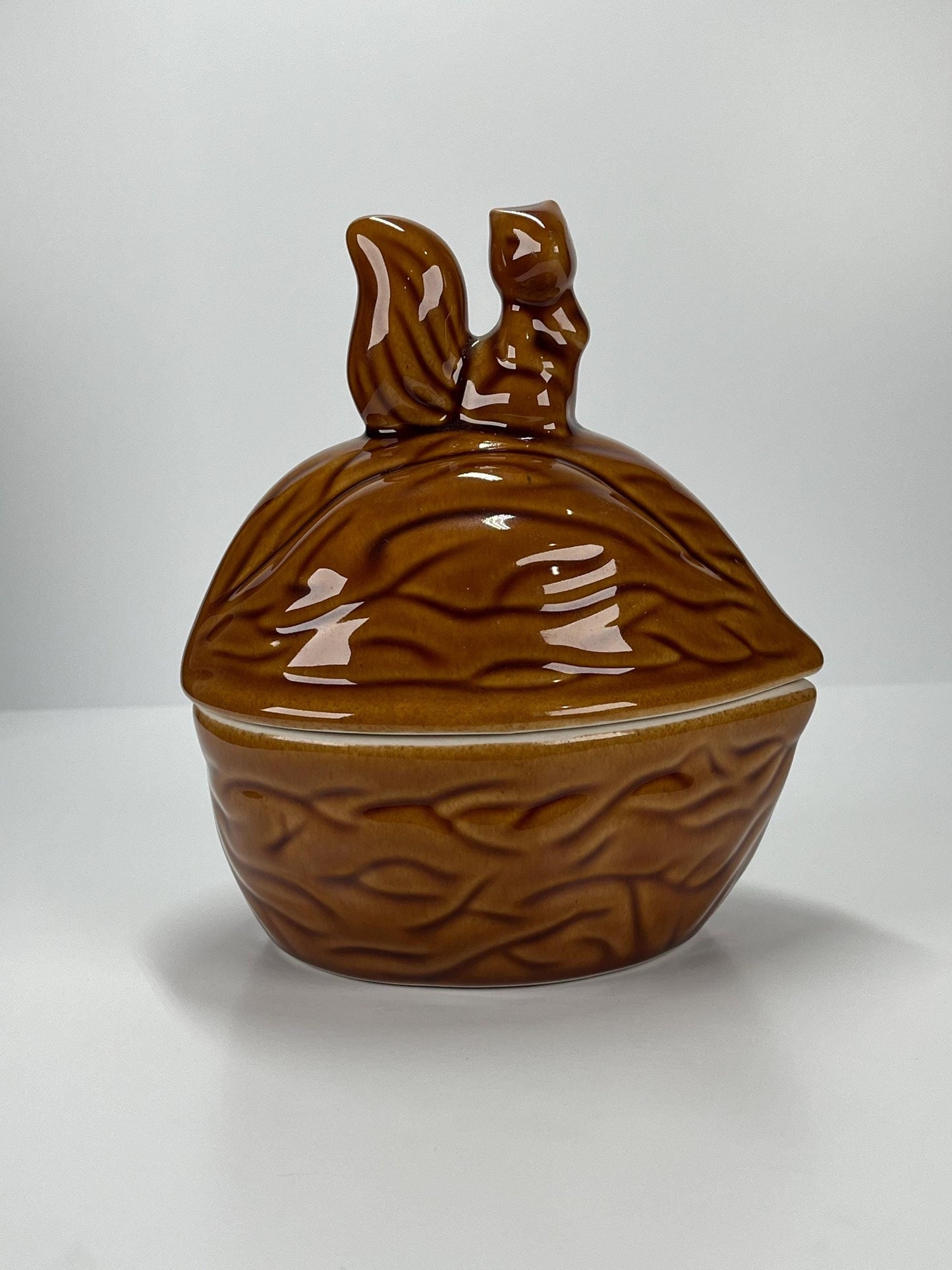 Vintage Ceramic Covered Dish in Shape of Nut with Adorable Squirrel on Top 1970's