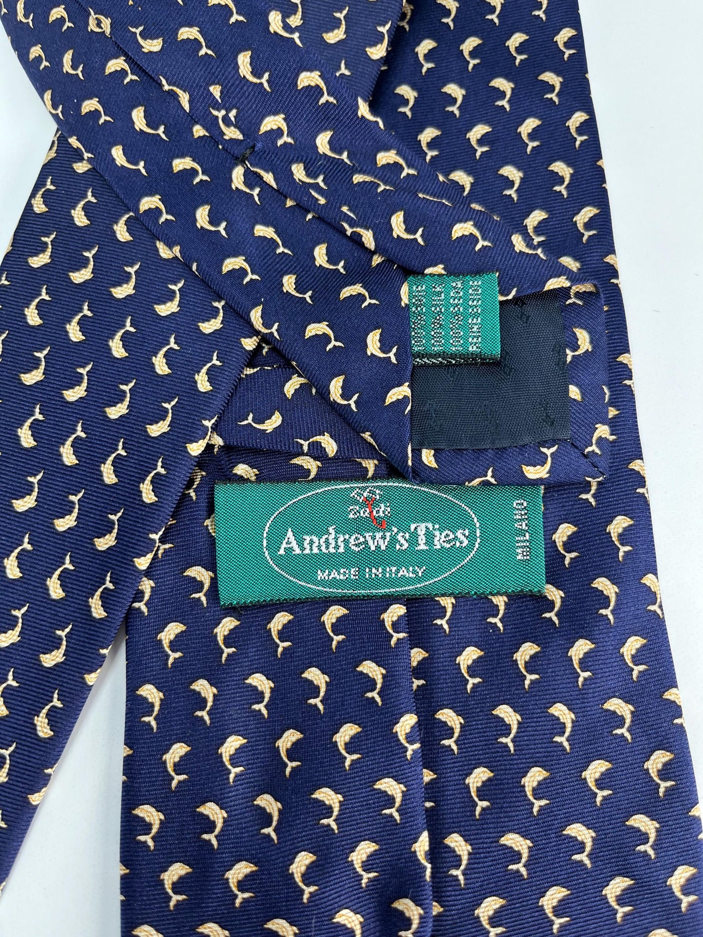 Vintage Silk Necktie in Navy Blue with Dolphin Print by Andrew’s Ties