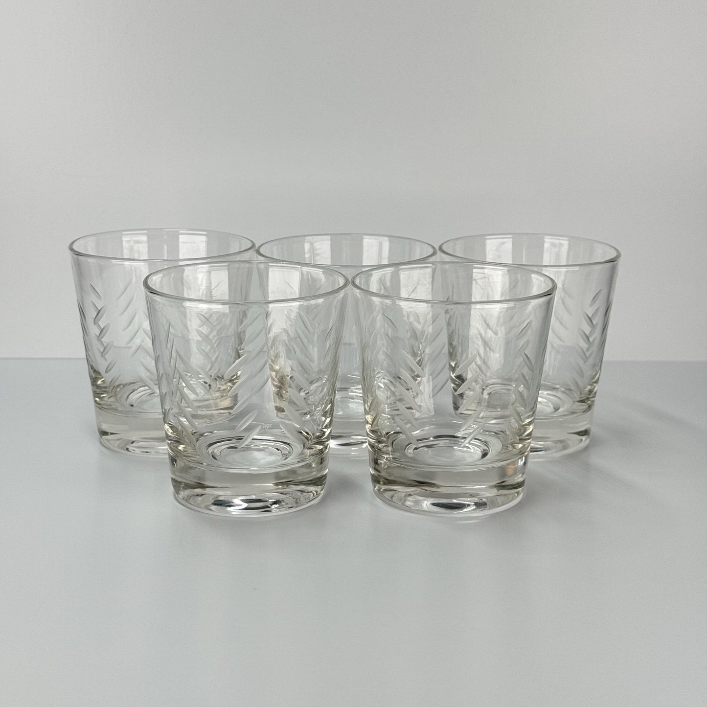 Vintage Rocks Glasses with Etched Mid-Century Modern Design Set of 5