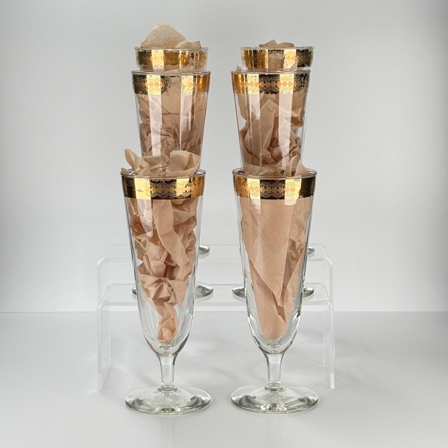 Vintage Pilsner Mid Century Modern Glass, Gold and Teal Filigree Band, Set of 6.