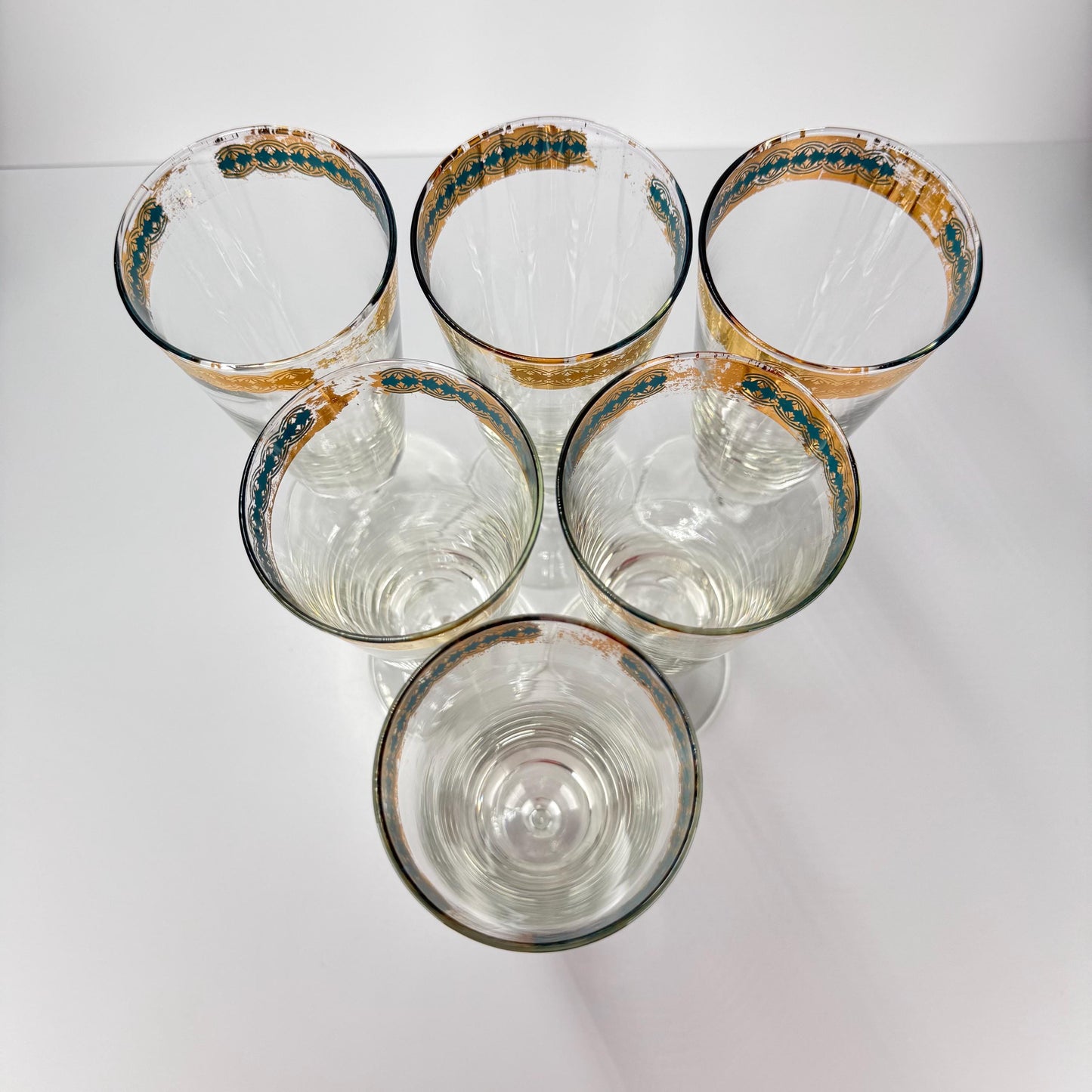 Vintage Pilsner Mid Century Modern Glass, Gold and Teal Filigree Band, Set of 6.