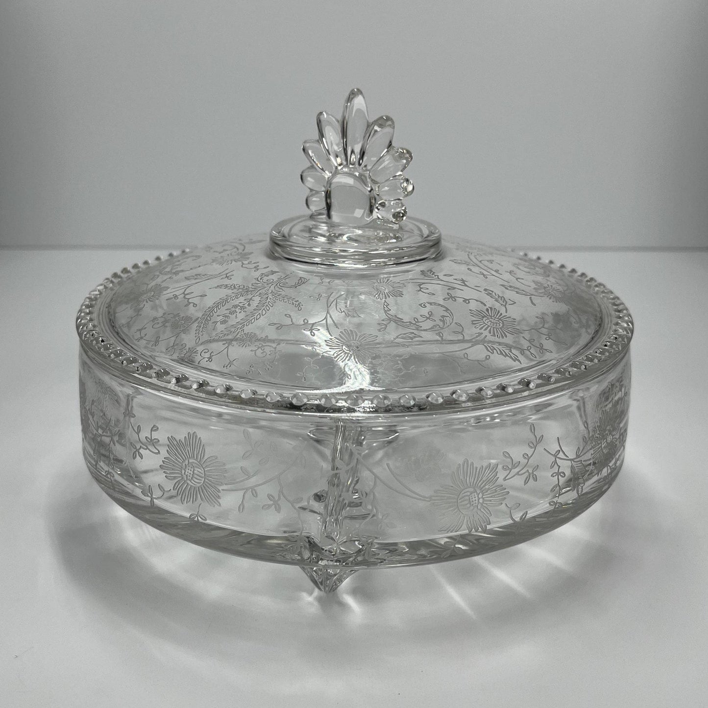 Vintage Candy Bowl in Etched Clear Glass with Lid by New Martinsville