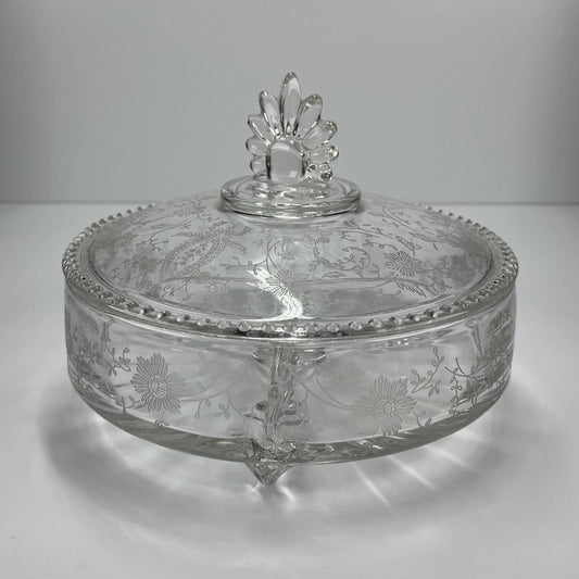 Vintage Candy Bowl in Etched Clear Glass with Lid by New Martinsville
