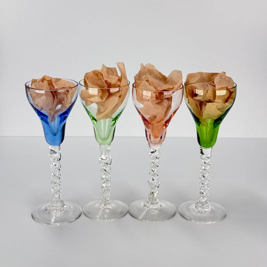 Vintage Cordial Glasses with Hand Twisted Stems in Vibrant Set of 4 Colors