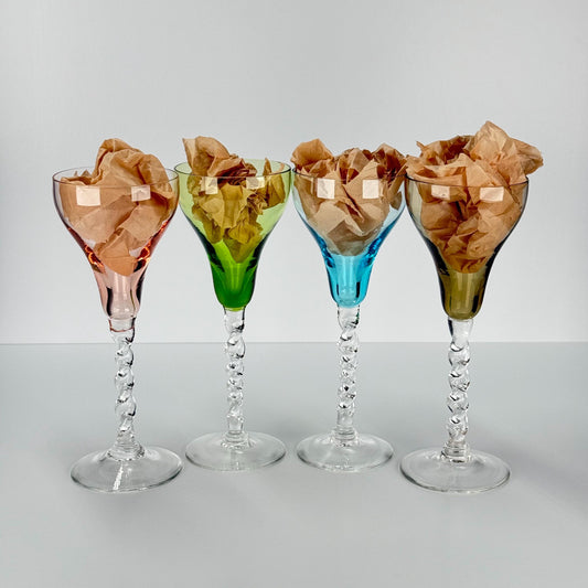 Vintage Liquor Glasses Hand Blown with Twisted Stem in Colorful Set of 4