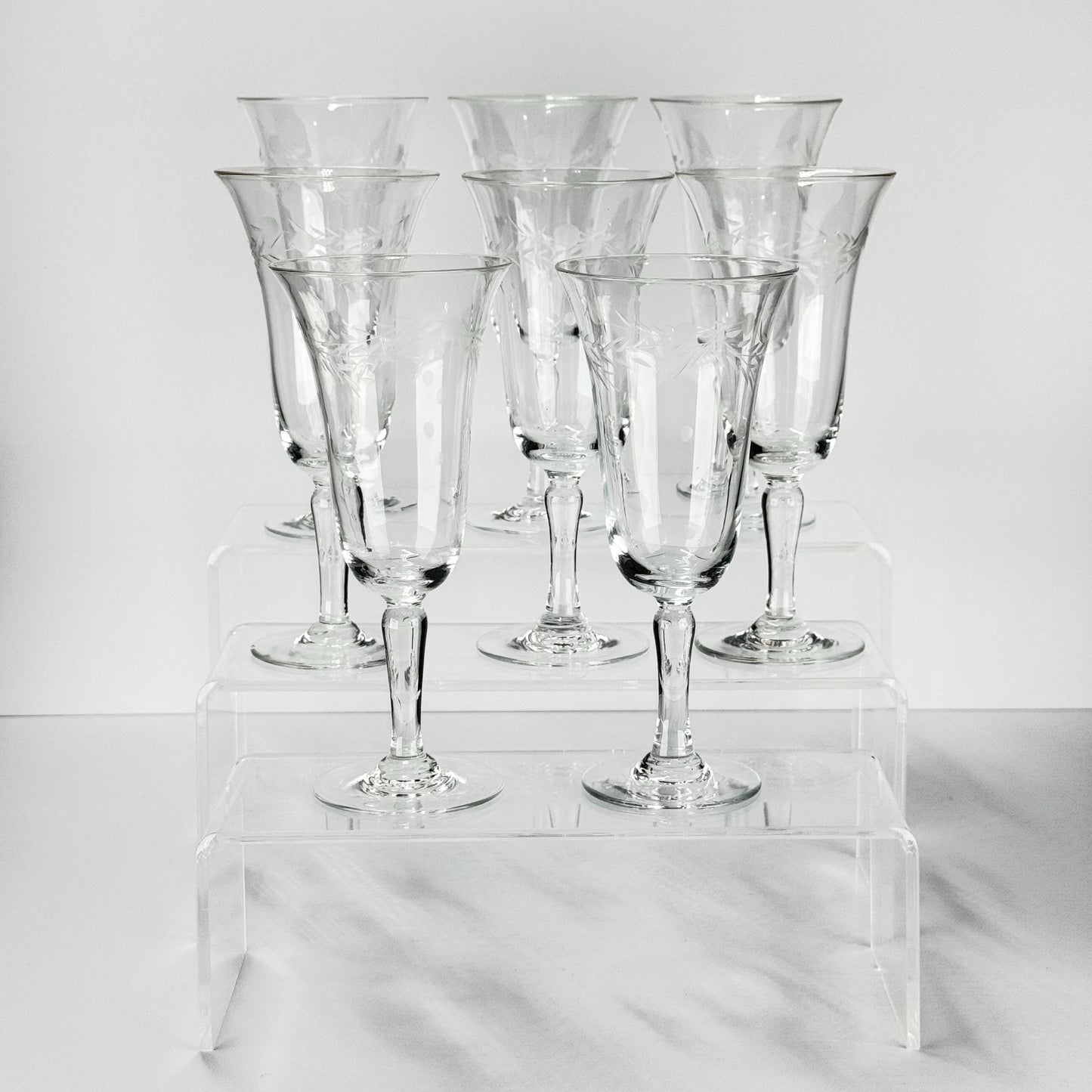 Vintage Sherry Glasses with Etched Willow Moon Design by Pioneer Japan Set of 8