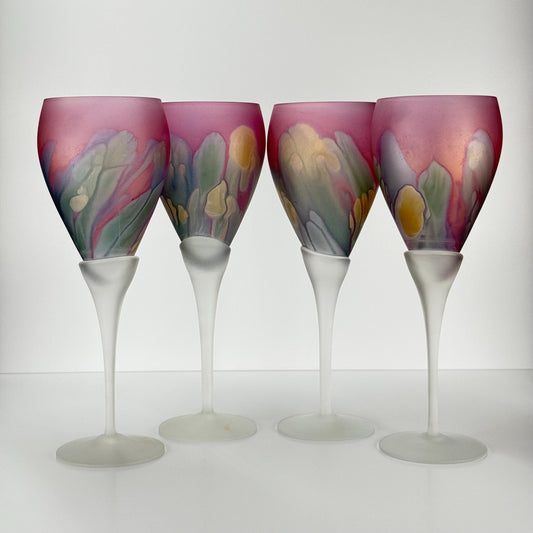 Vintage Art Nouveau Wine Glasses with Frosted Stem Swirl Design inSet of 4