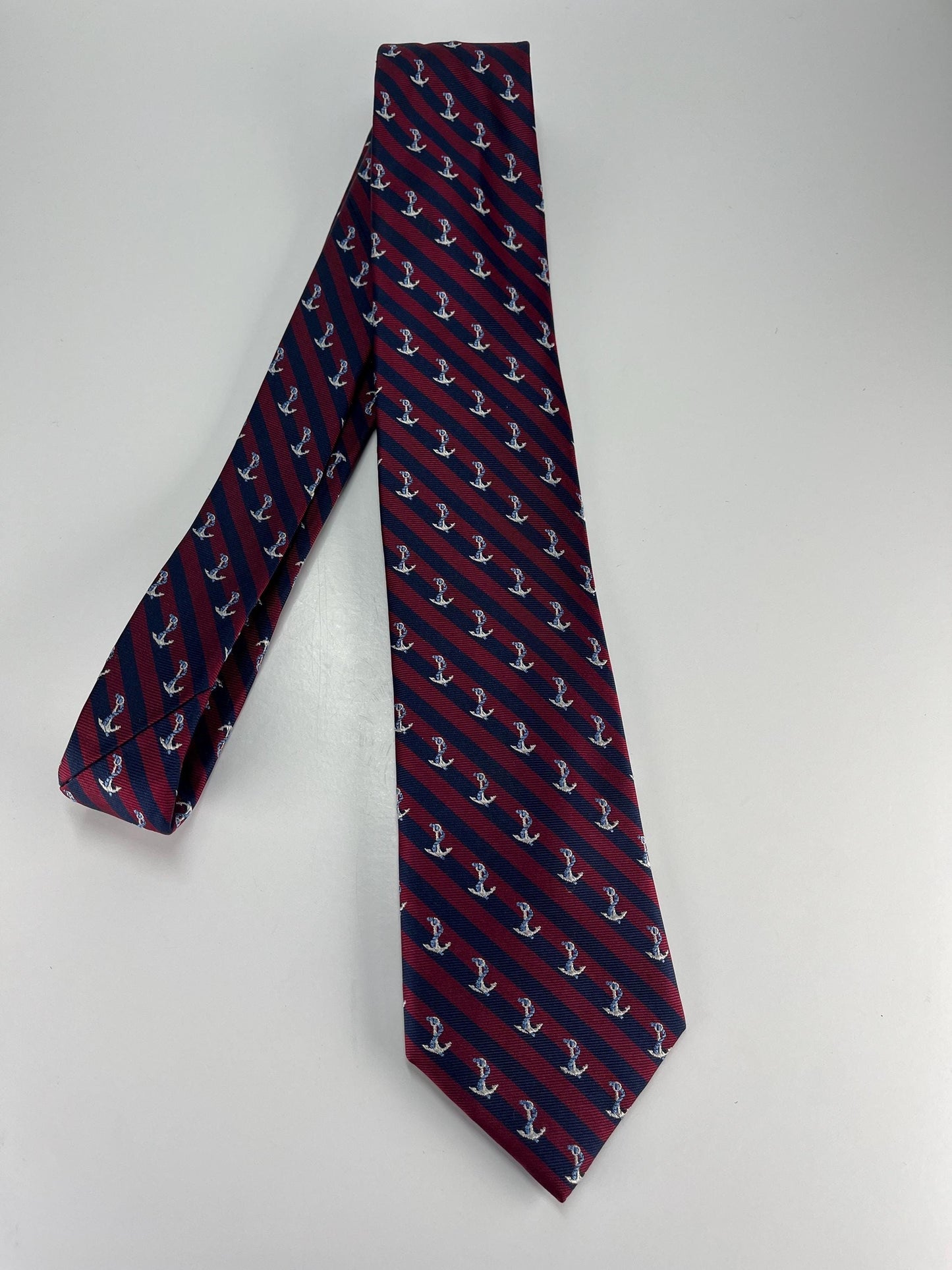 Vintage Necktie with Red and Blue Stripes and Sailing Anchors Made by Nautica