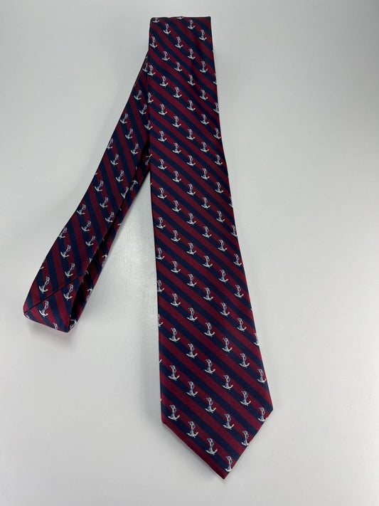 Vintage Necktie with Red and Blue Stripes and Sailing Anchors Made by Nautica