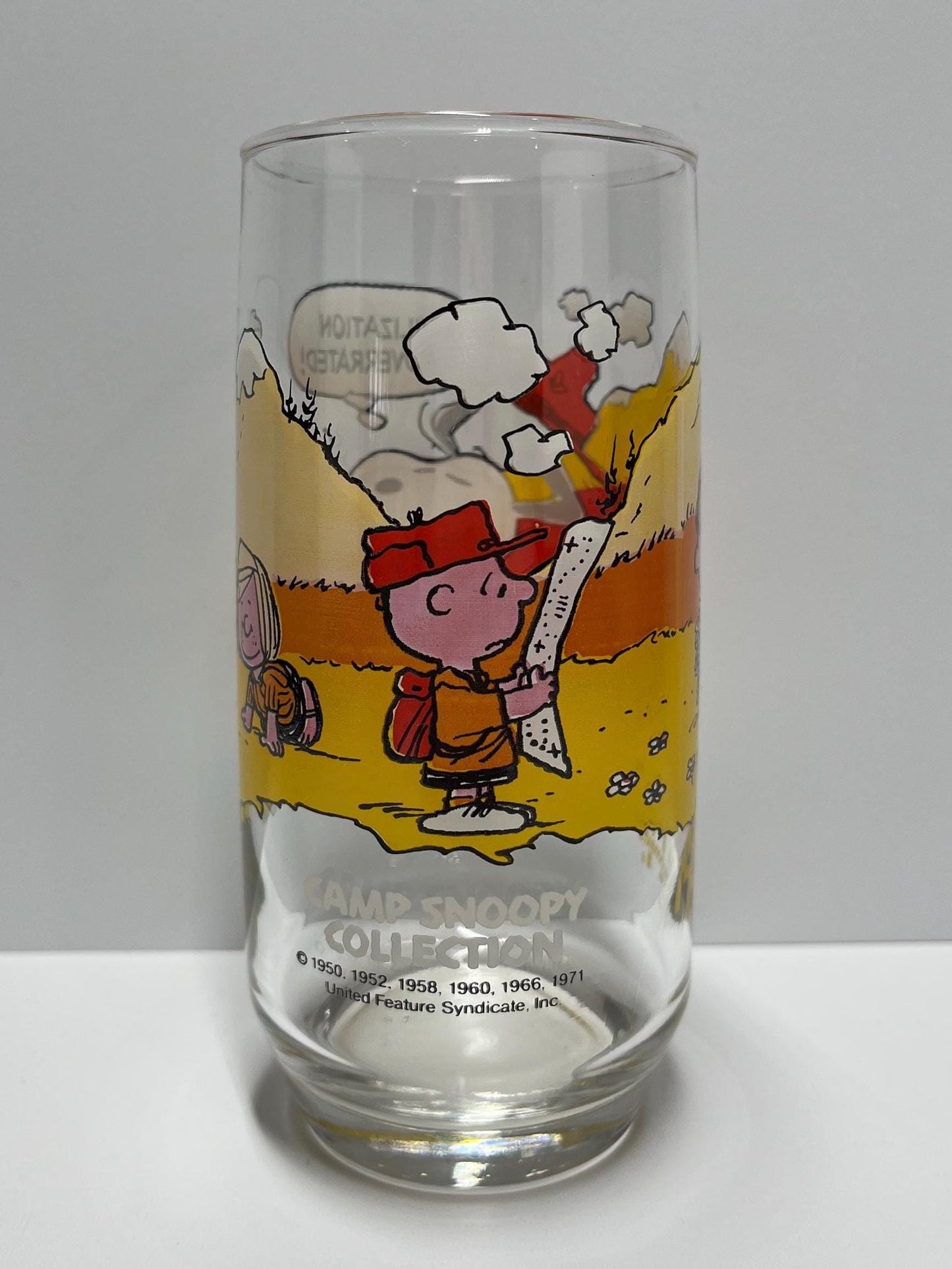 Vintage Glass of Charlie Brown, Linus & Sally of Peanuts Camp Snoopy for McDonald's