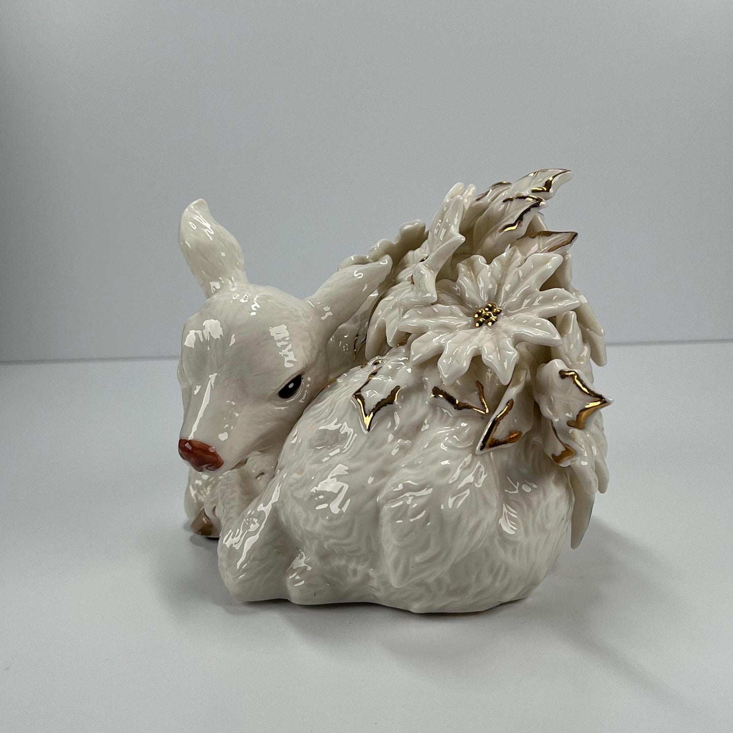 Vintage Figurine of Fawn with Christmas Poinsettias and Gold Accents