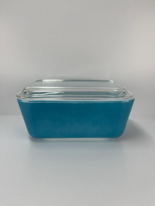 Vintage Pyrex Refrigerator Dish with Ribbed Lid in Blue and Labeled 502-В 502-C