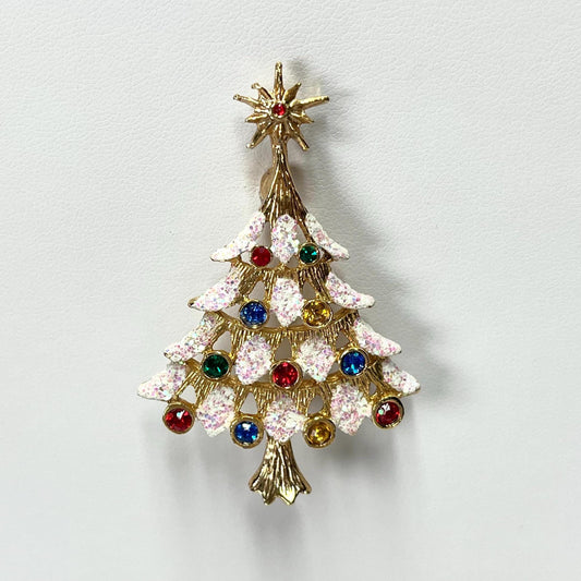Vintage Gold Tone Brooch Pin of Christmas Tree with Snowy Branches and Multicolor Rhinestones