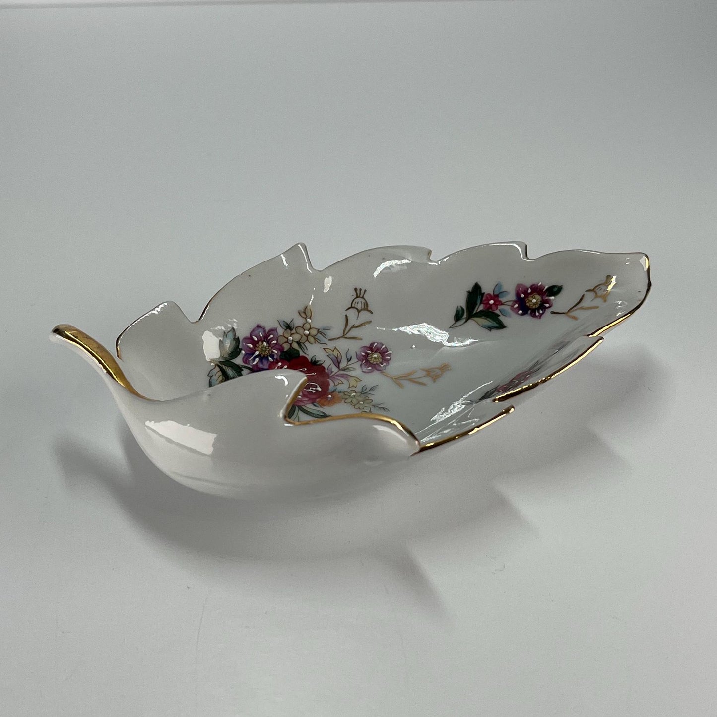 Vintage Trinket Dish Leaf Shaped Porcelain and Hand Painted Floral Design with Golden Accents