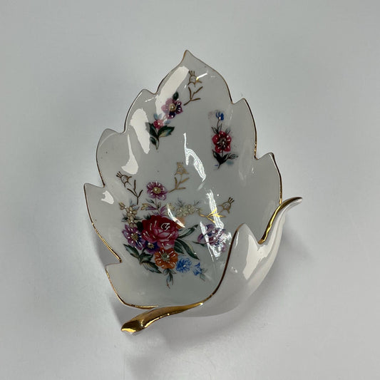 Vintage Trinket Dish Leaf Shaped Porcelain and Hand Painted Floral Design with Golden Accents
