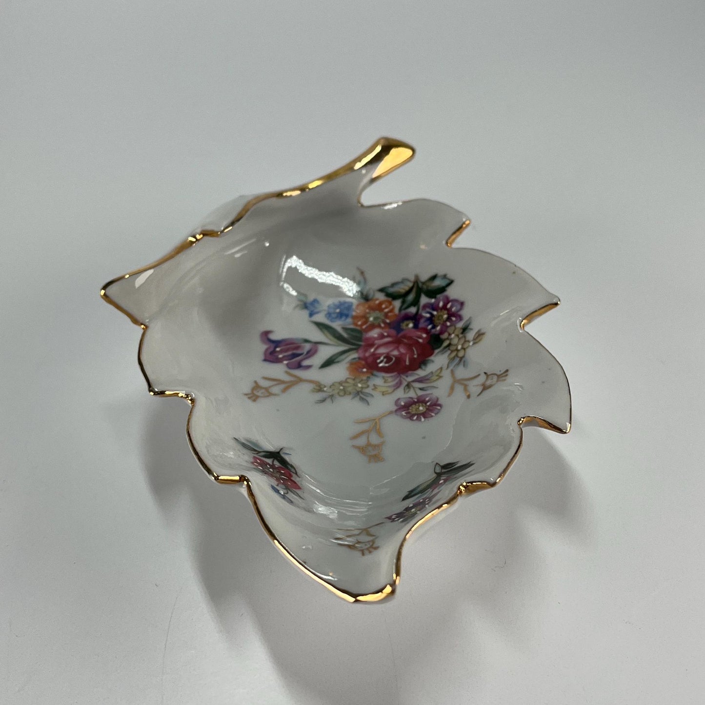 Vintage Trinket Dish Leaf Shaped Porcelain and Hand Painted Floral Design with Golden Accents