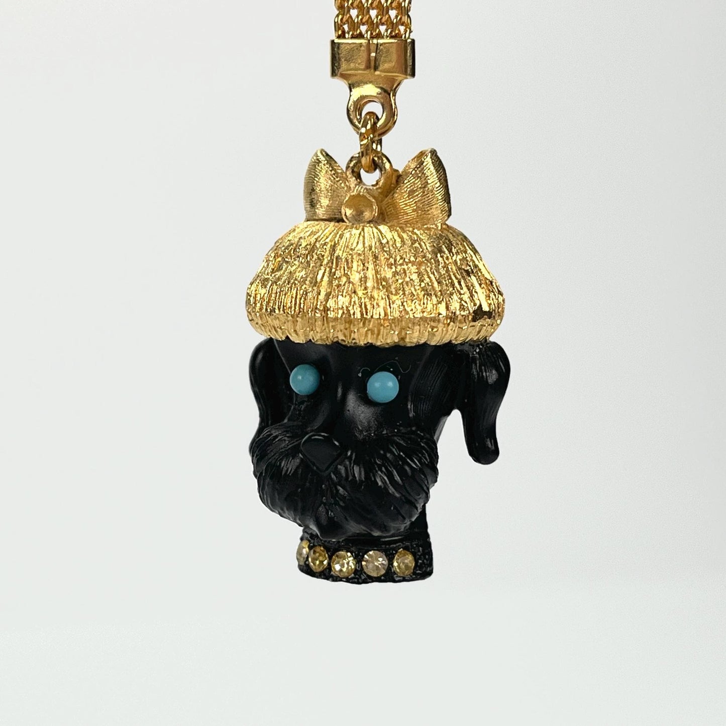 Vintage Keychain of Black Dog With Turquoise Eyes and Rhinestone Collar by Florenza