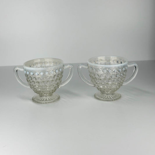 Vintage Fenton Moonstone Hobnail Cups in White Opalescent Glass and Set of 2