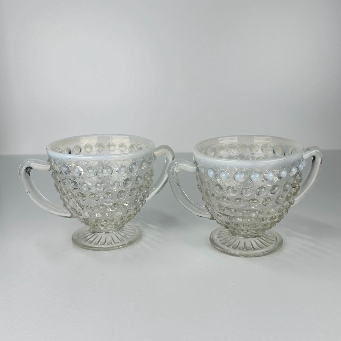Vintage Fenton Moonstone Hobnail Cups in White Opalescent Glass and Set of 2