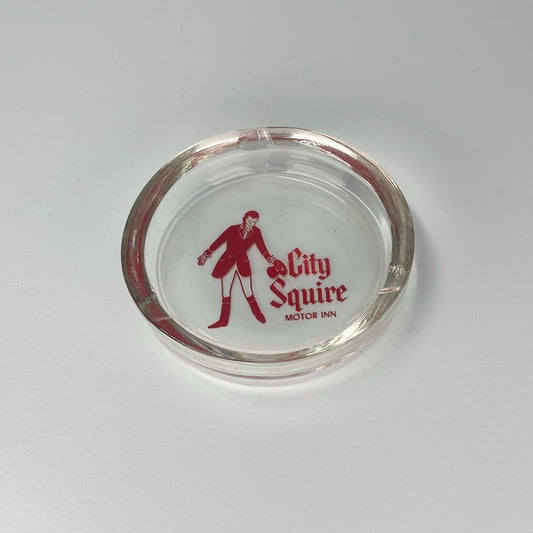 Vintage Glass Ashtray of City Squire Motor Inn With Man in Top Hat Design