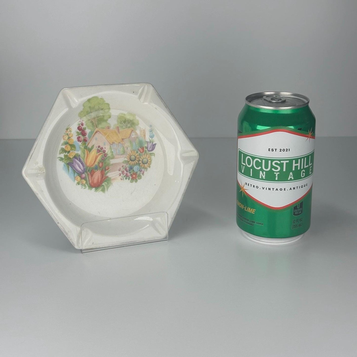 Vintage Ashtray with Painted House and Floral Design Made by Columbia Chinaware