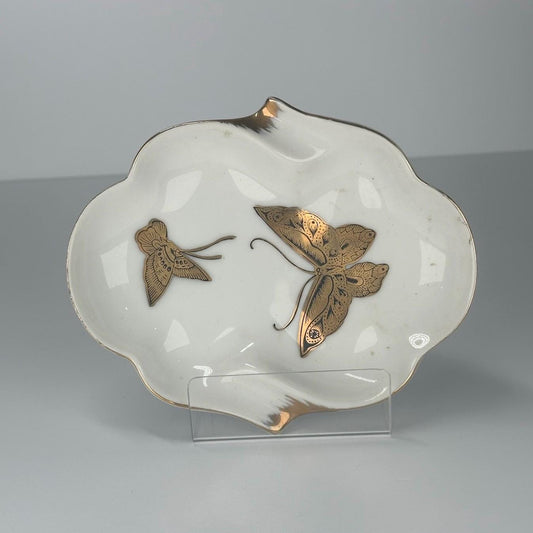 Vintage Ashtray with Hand-Painted Gold Butterflies and Made in Japan