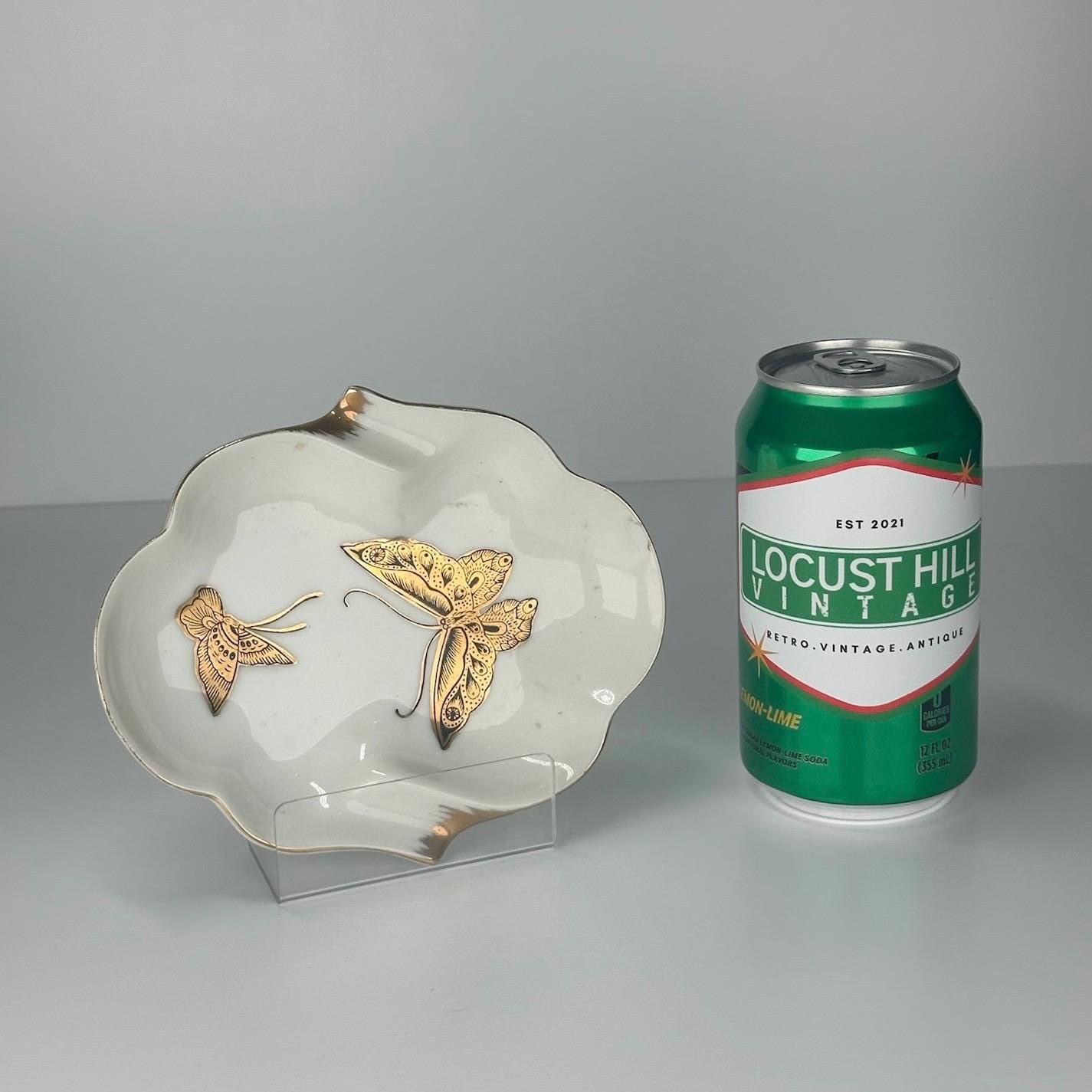 Vintage Ashtray with Hand-Painted Gold Butterflies and Made in Japan