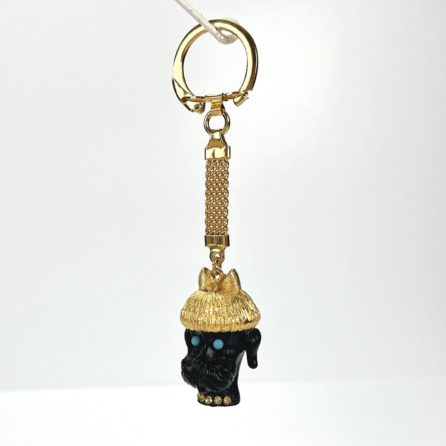 Vintage Keychain of Black Dog With Turquoise Eyes and Rhinestone Collar by Florenza