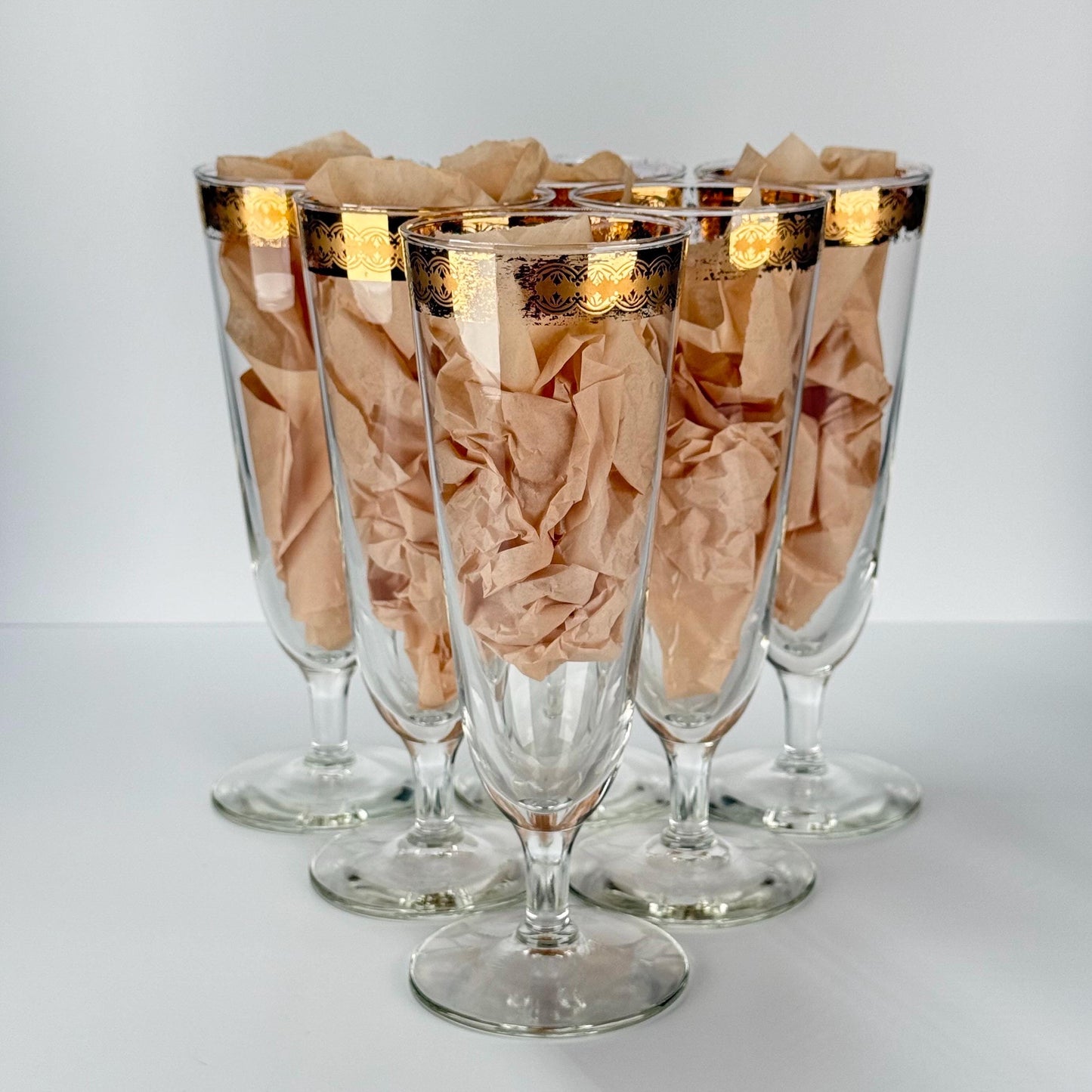 Vintage Pilsner Mid Century Modern Glass, Gold and Teal Filigree Band, Set of 6.