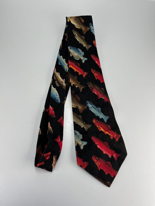 Vintage Black Necktie of Freshwater Fish by Culinary Classic