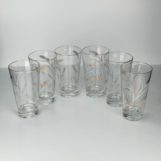 Vintage Libbey Tumblers in MCM Wheat Design withGold Rim in Set of 6