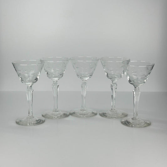 Vintage Cordial Glasses with Windswept Etched Vine Design by Libbey Set of 5