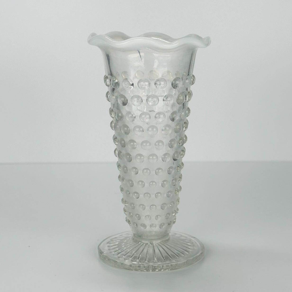 Vintage Vase in a White Opalescent Moonstone with Hobnail Glass Design by Fenton
