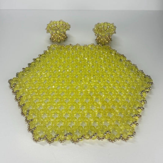Vintage Handmade Beaded Doily and Napkin Rings in Yellow with Gold Accents