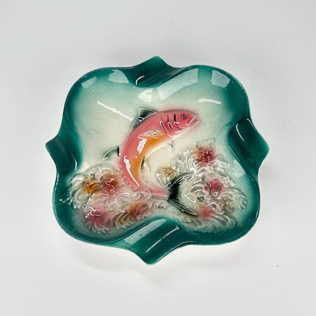 Vintage Ashtray with Airbrush Painted Style and Embossed Fish Design Made in Japan RARE!
