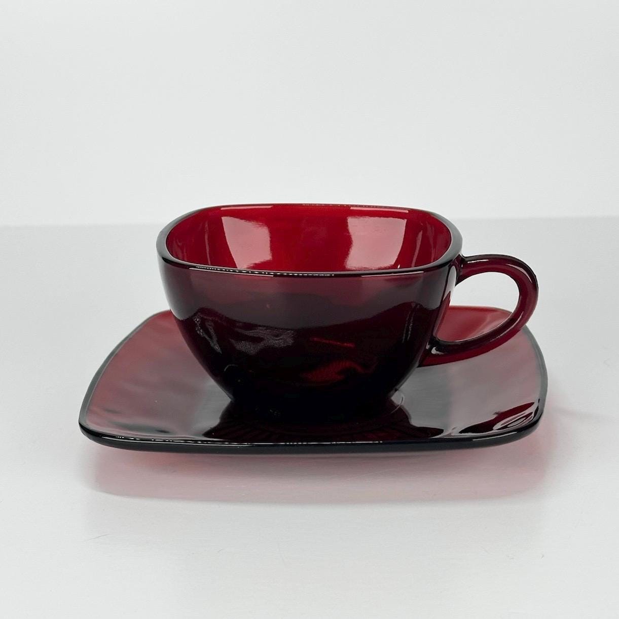 Vintage Ruby Red Glass Square Cups and Saucers by Anchor Hocking Set of 4