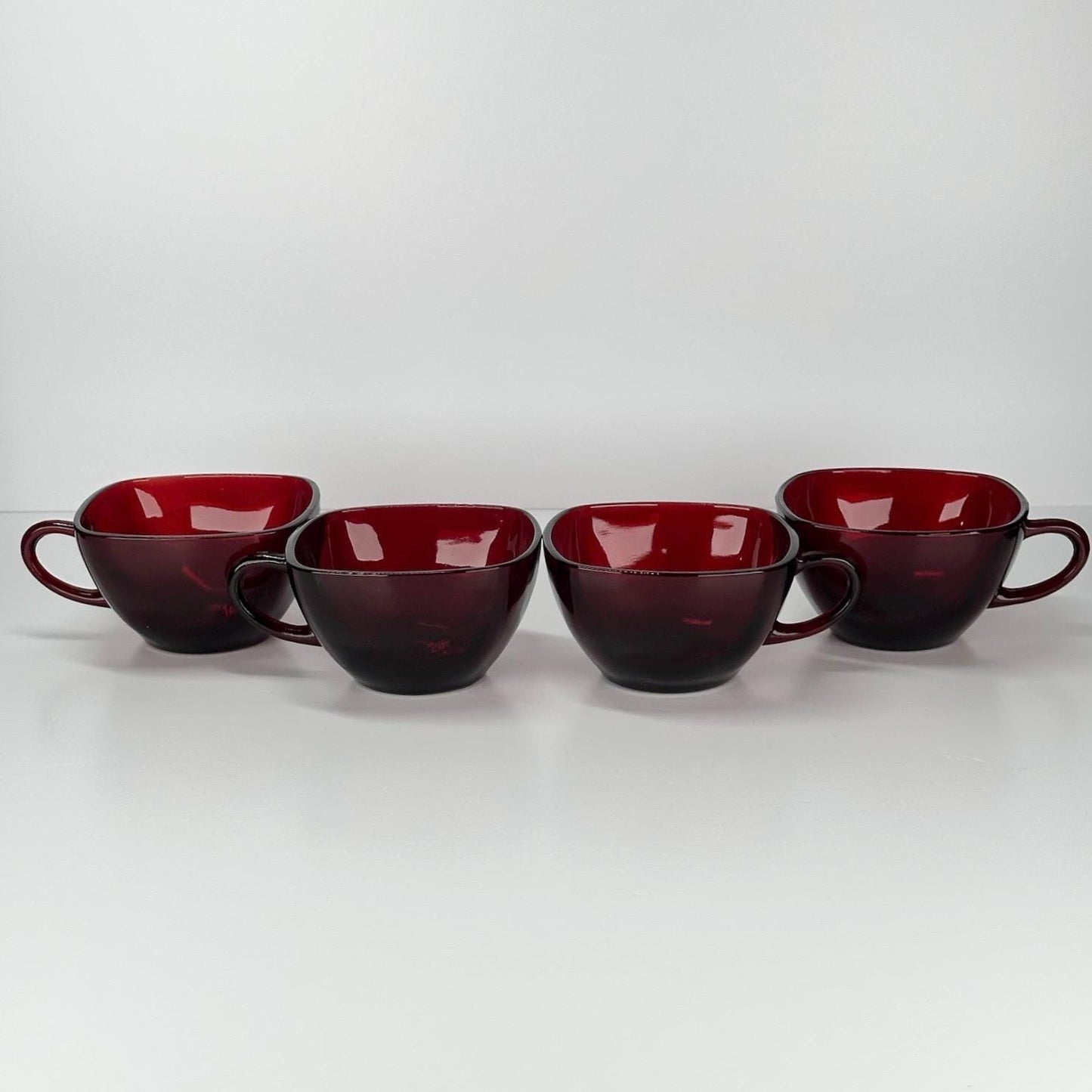Vintage Ruby Red Glass Square Cups and Saucers by Anchor Hocking Set of 4