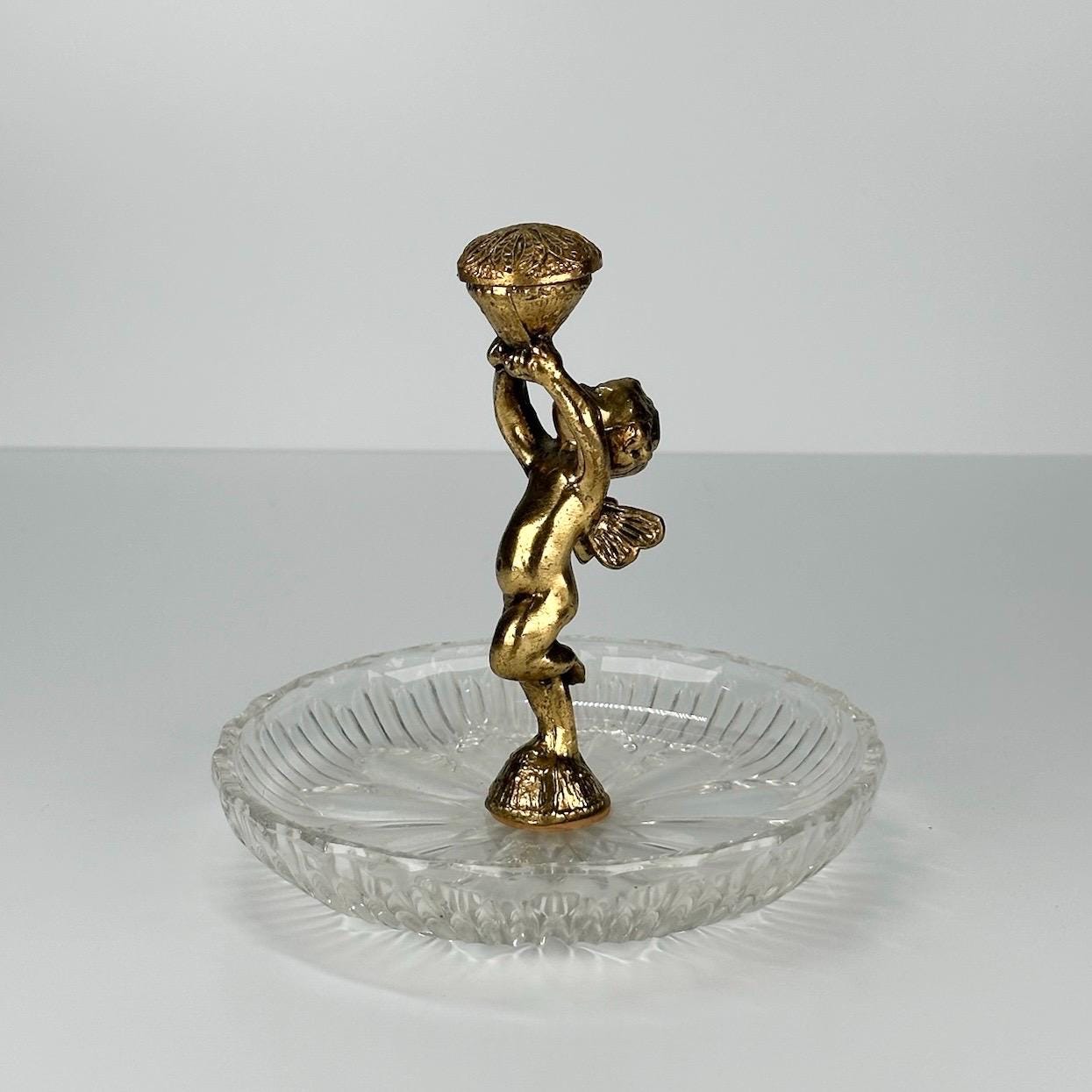 Vintage Ashtray With Cut Glass and Brass Cherub Statue
