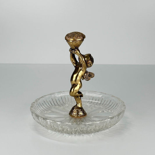 Vintage Ashtray With Cut Glass and Brass Cherub Statue