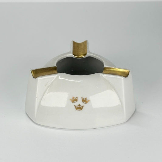 Vintage Ashtray in Creamy White Color with Gold Crown Accents from German Democratic Republic