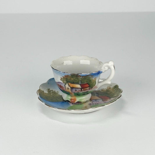 Vintage Tea Cup and Saucer with English Village Country Side Design Made in Japan