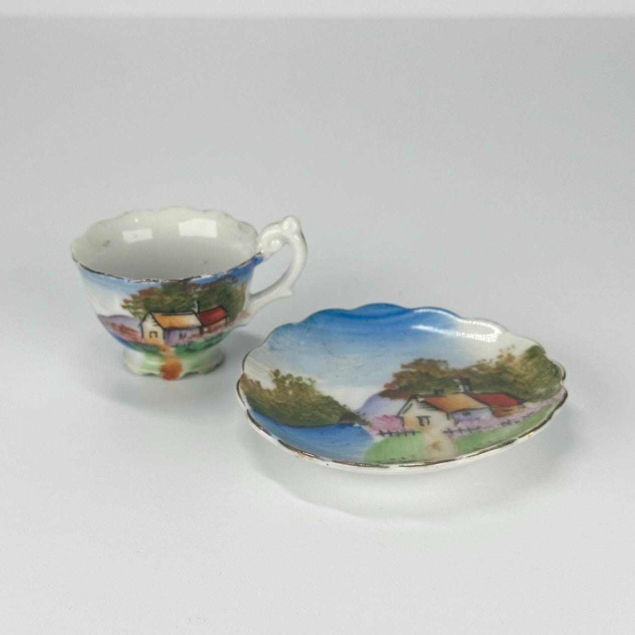 Vintage Tea Cup and Saucer with English Village Country Side Design Made in Japan