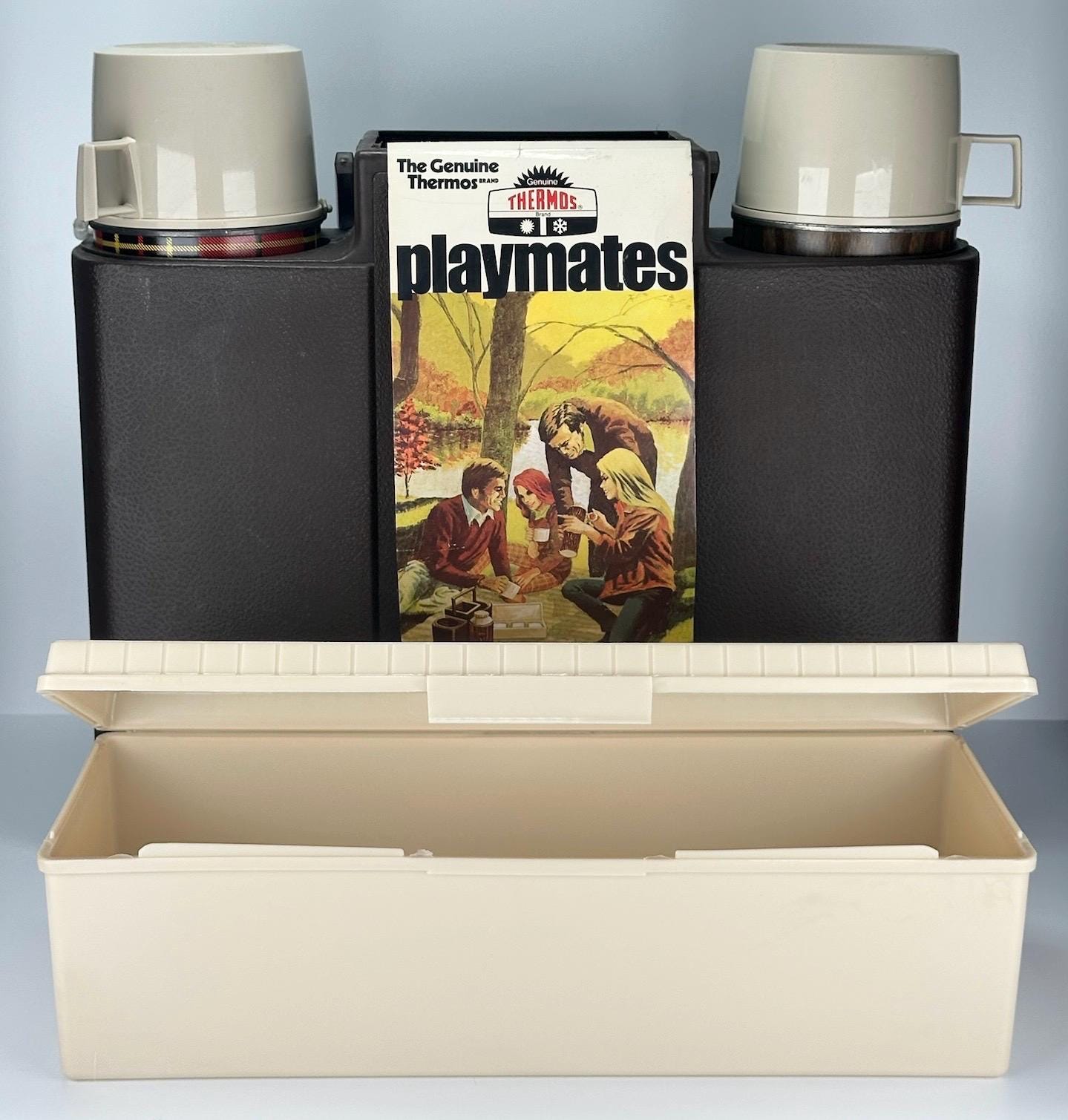 Vintage Thermos Playmates Picnic Kit with Wood Grain Design