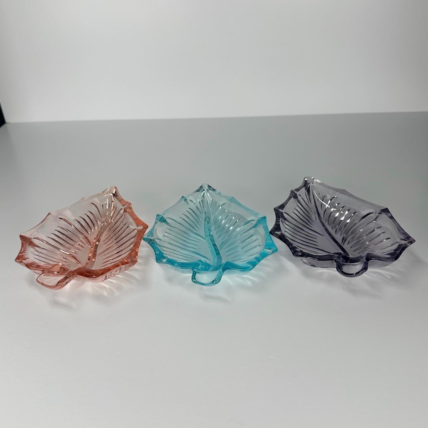Vintage Glass Ashtrays or Trinket Dishes in Pink, Purple, and Blue Shaped Leaves